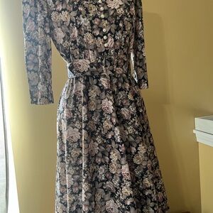 Whirlaway Frocks Black and Pink Floral Long Sleeve Dress
